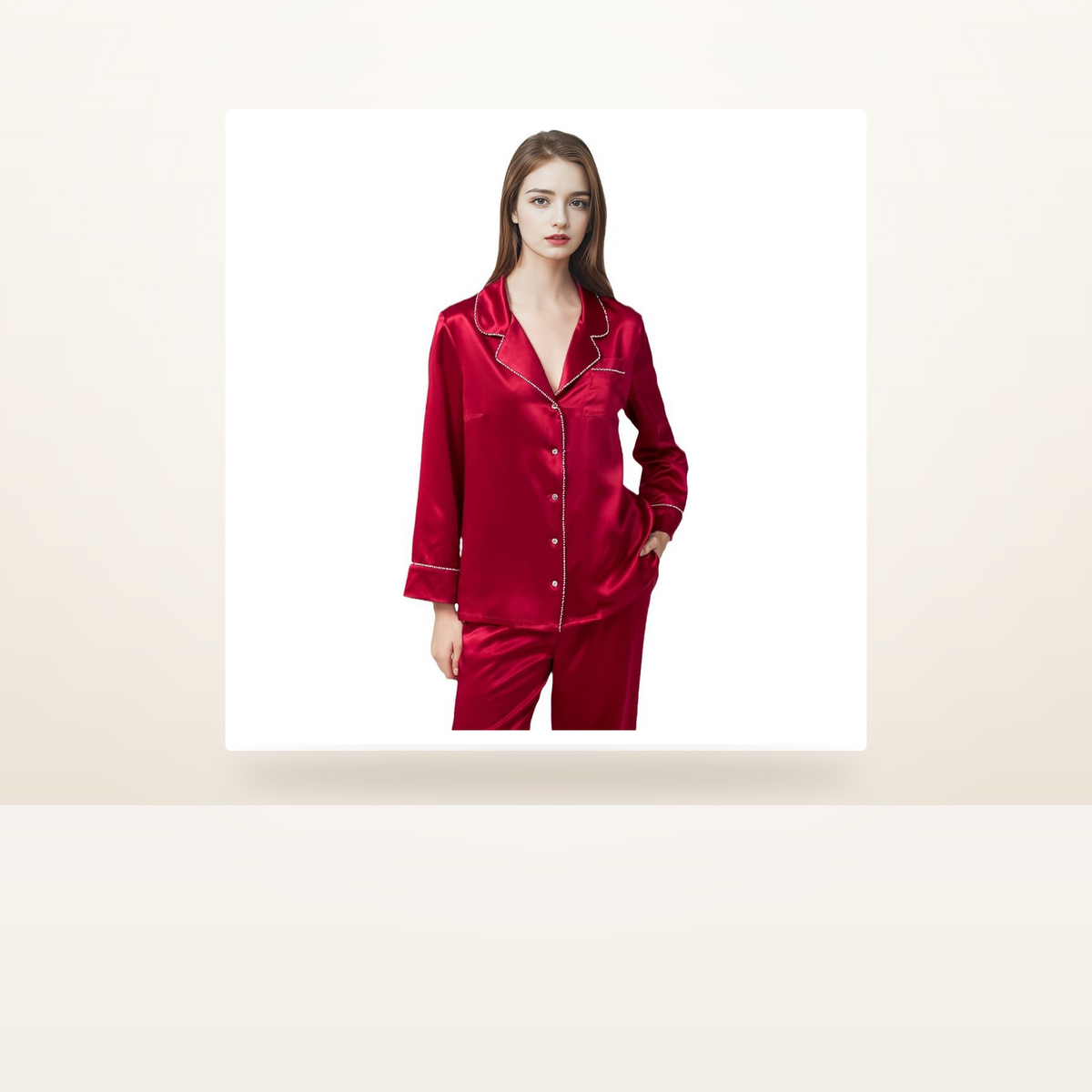 22 Momme 100% Mulberry Silk Pajama Set for Women - Grandeur Long Sleeve Two-Piece - studio scene