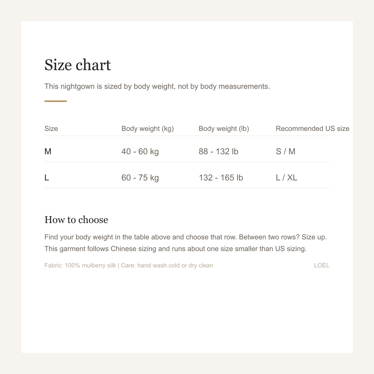 100% Mulberry Silk Shirt Dress Nightgown for Women - Cool-Touch Midi Sleep Dress - size chart