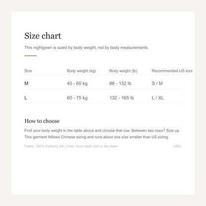 100% Mulberry Silk Shirt Dress Nightgown for Women - Cool-Touch Midi Sleep Dress - size chart