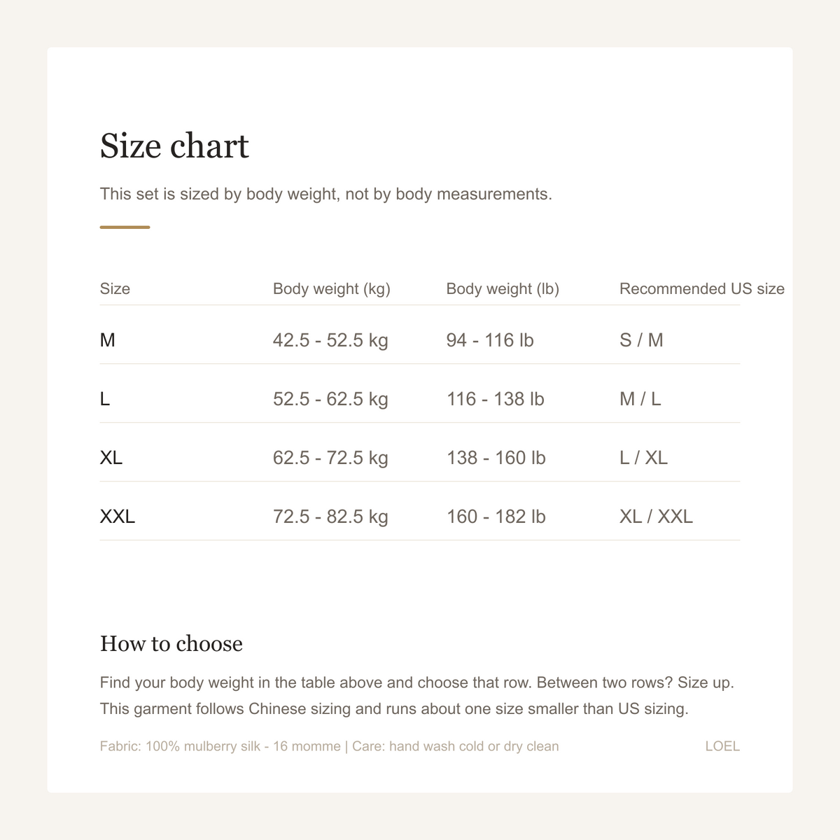 16 Momme 100% Mulberry Silk Pajama Set for Women - Long Sleeve Two-Piece Sleepwear - size chart