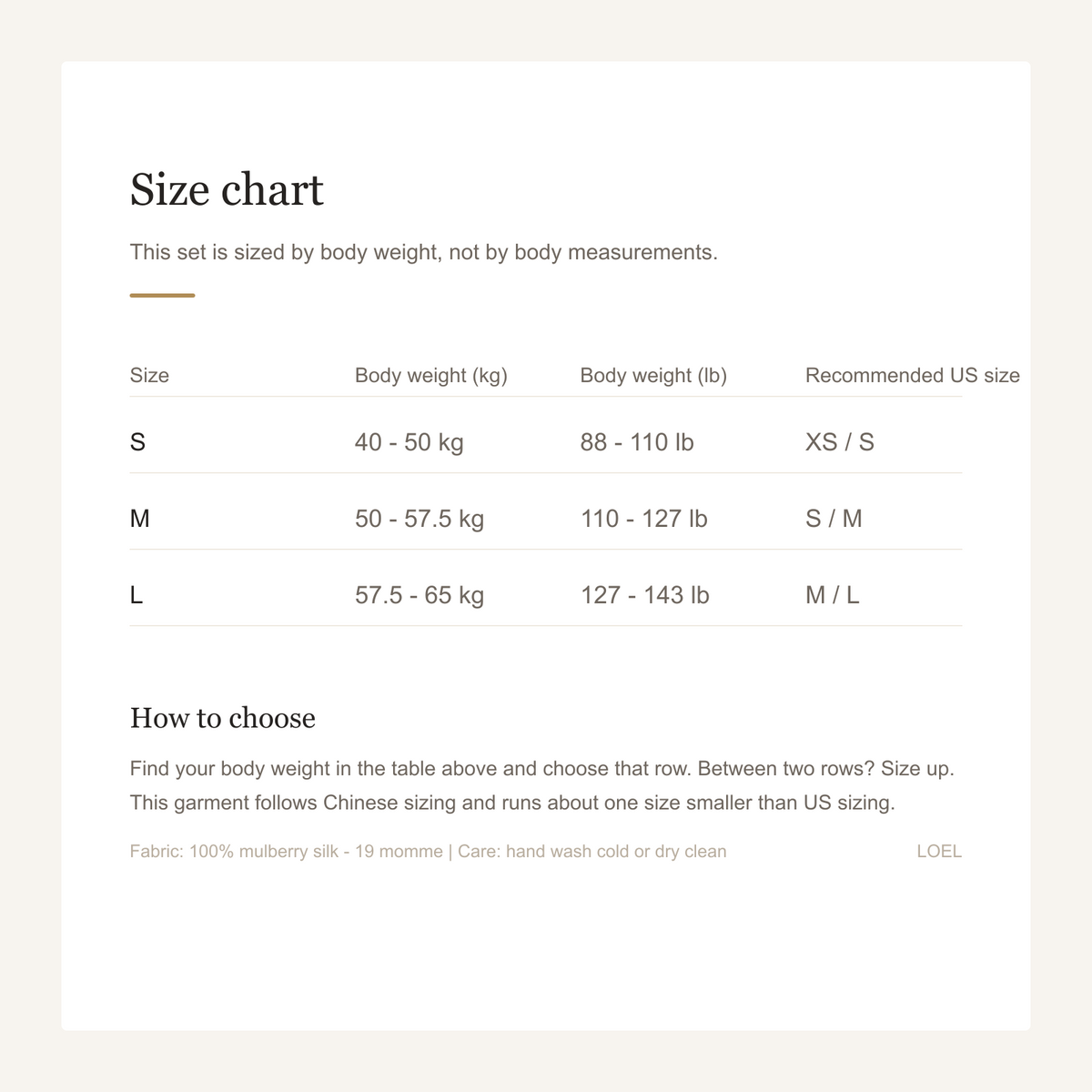 19 Momme 100% Mulberry Silk Pajama Set for Women - Long Sleeve Two-Piece, Sizes S-L - size chart