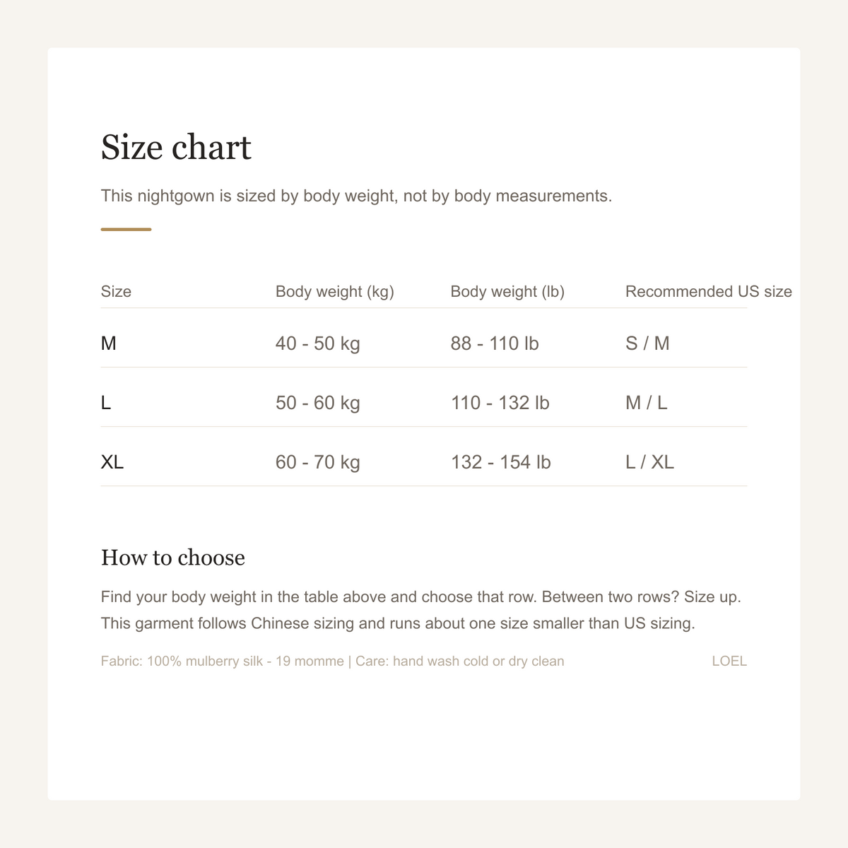19 Momme 100% Mulberry Silk Nightgown for Women - French Court Midi Dress - size chart