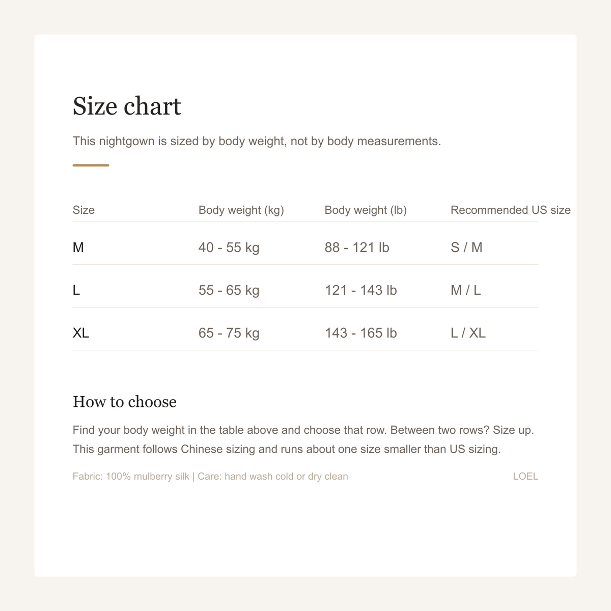 100% Mulberry Silk French Doll Dress Nightgown for Women - Loose-Fit Sleep Dress - size chart