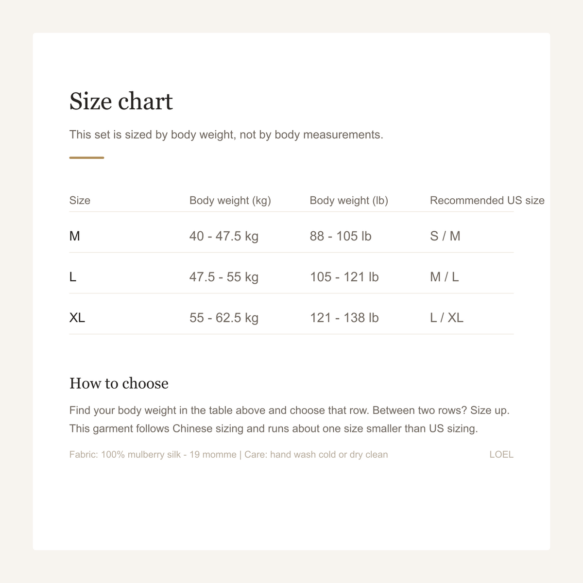 19 Momme 100% Mulberry Silk Pajama Set for Women - Tailored Long Sleeve Loungewear - size chart