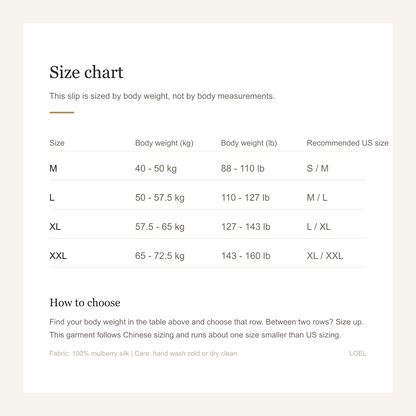 100% Mulberry Silk Backless Slip Nightgown for Women - Adjustable Straps Mini Slip - size chart