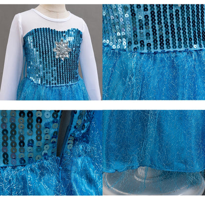 LOEL Girls Blue Princess Dress Sequin Long-Sleeve Blue Fairy Dress Christmas Birthday Party Dress Up