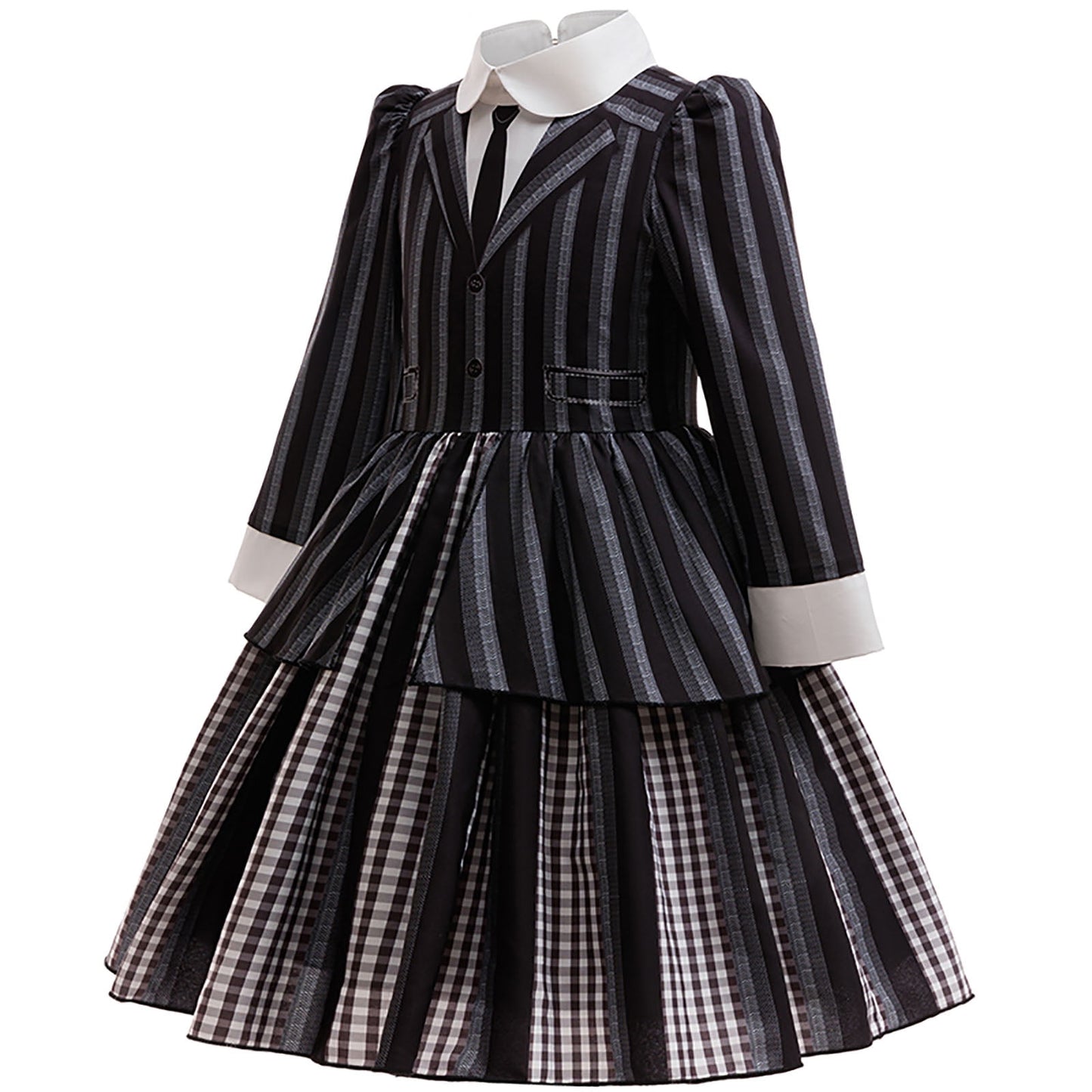 KAWELL Addams Costume for Girls, Academy Uniform Outfits Cosplay with Black Wig, Pleated Skirt Girl's Stripes Suits Sets for Halloween
