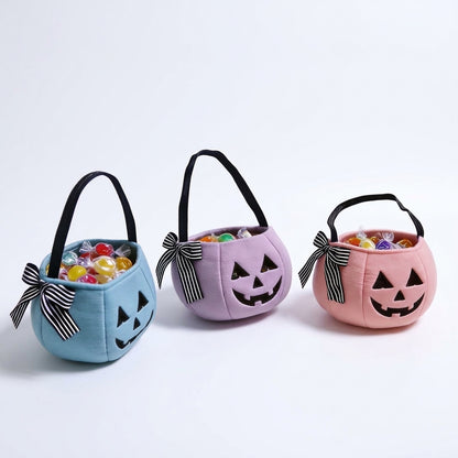 Plush Pastel Pumpkin Trick or Treat Basket with Striped Bow Accent for Halloween Party Favors - main