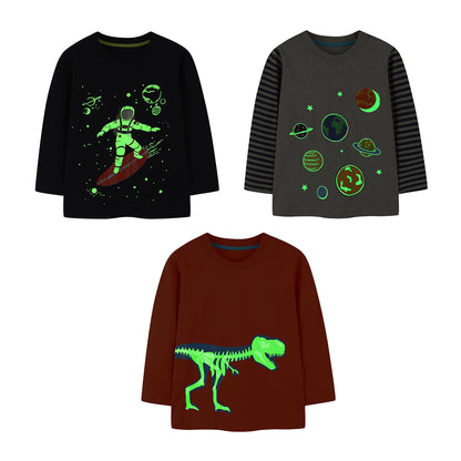 HuaAngel Boys Cotton Long Sleeve T-Shirt Crew Neck Funny Print Shirt 3 Packs Sizes 2-7