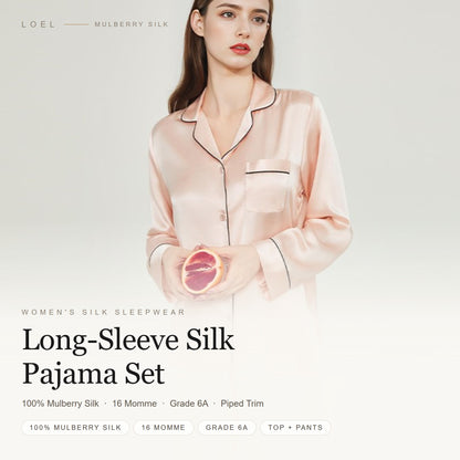 LOEL 16 momme 100% mulberry silk long sleeve pajama set for women in peony pink with contrast piping