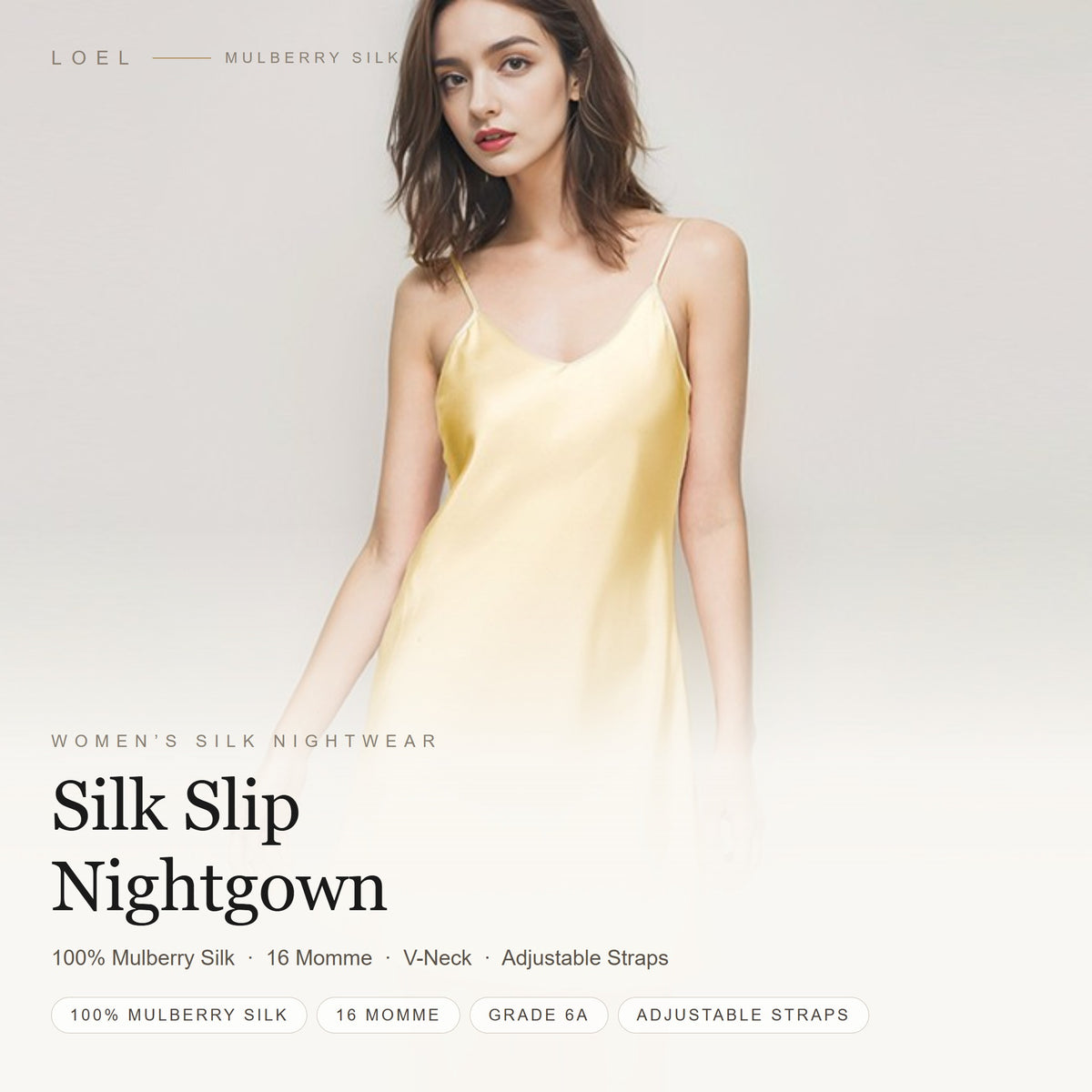 LOEL 16 momme 100% mulberry silk slip nightgown for women in goose yellow with adjustable straps
