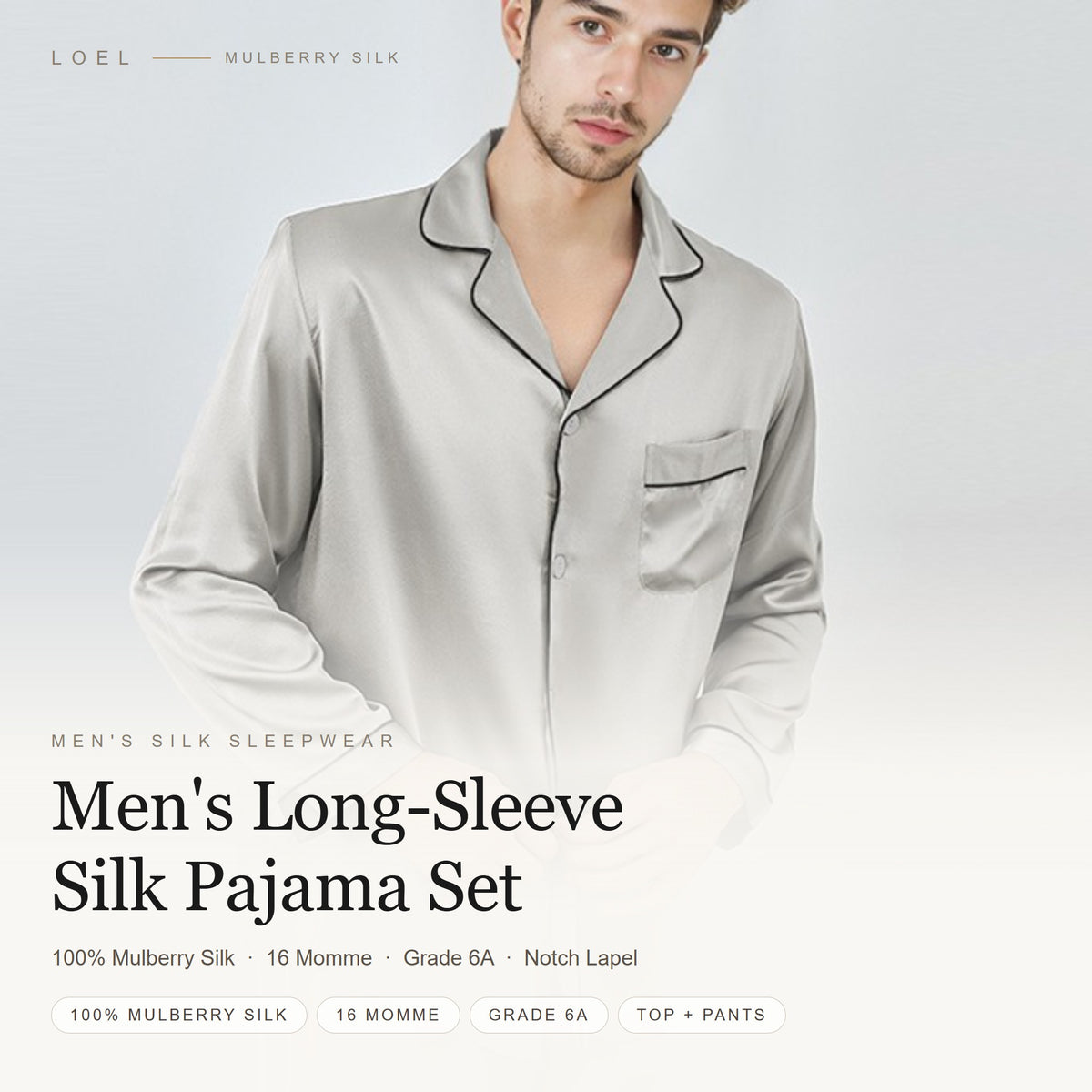 LOEL 16 momme 100% mulberry silk pajama set for men in silver grey with notch lapel and contrast piping