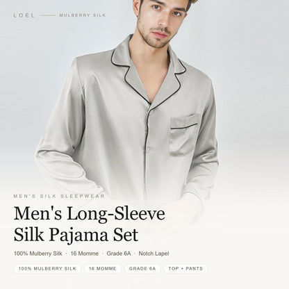 LOEL 16 momme 100% mulberry silk pajama set for men in silver grey with notch lapel and contrast piping
