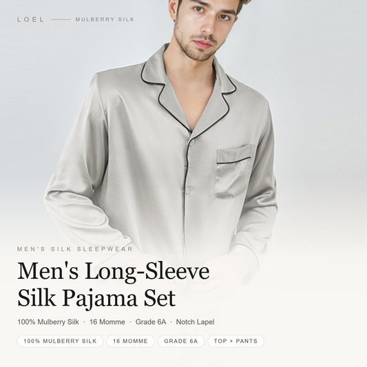 LOEL 16 momme 100% mulberry silk pajama set for men in silver grey with notch lapel and contrast piping