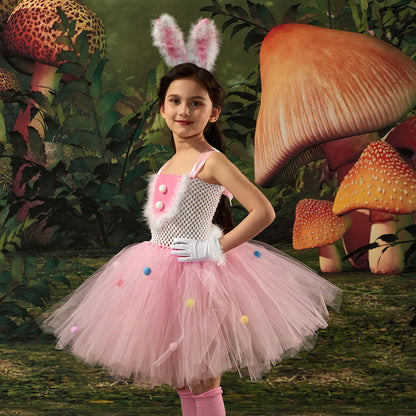 HAWEE Easter Rabbit Dress for Girls Pink Sleeveless Bunny Tutu Tulle Dress Rabbit Costume 5 PCS Kids Birthday Fancy Dress Up