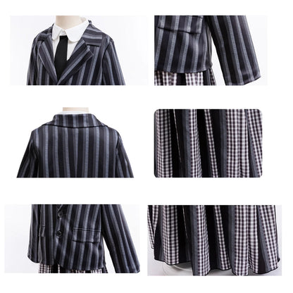 KAWELL Addams Costume for Girls, Academy Uniform Outfits Cosplay with Black Wig, Pleated Skirt Girl's Stripes Suits Sets for Halloween