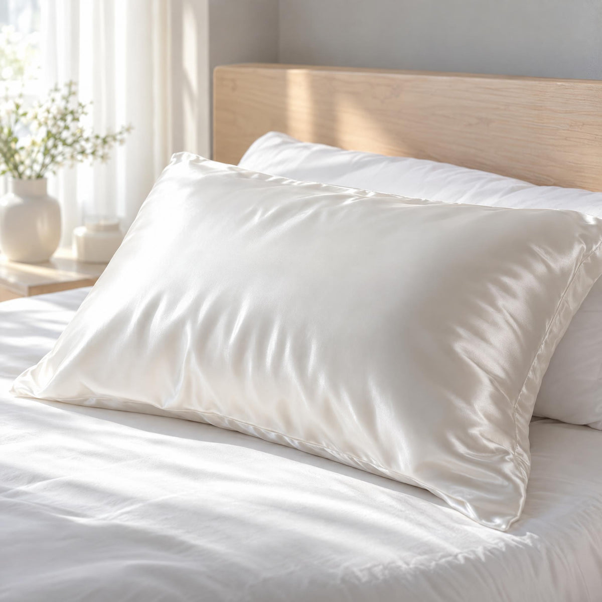 19 momme silk pillowcase styled on a bed in a bright bedroom
