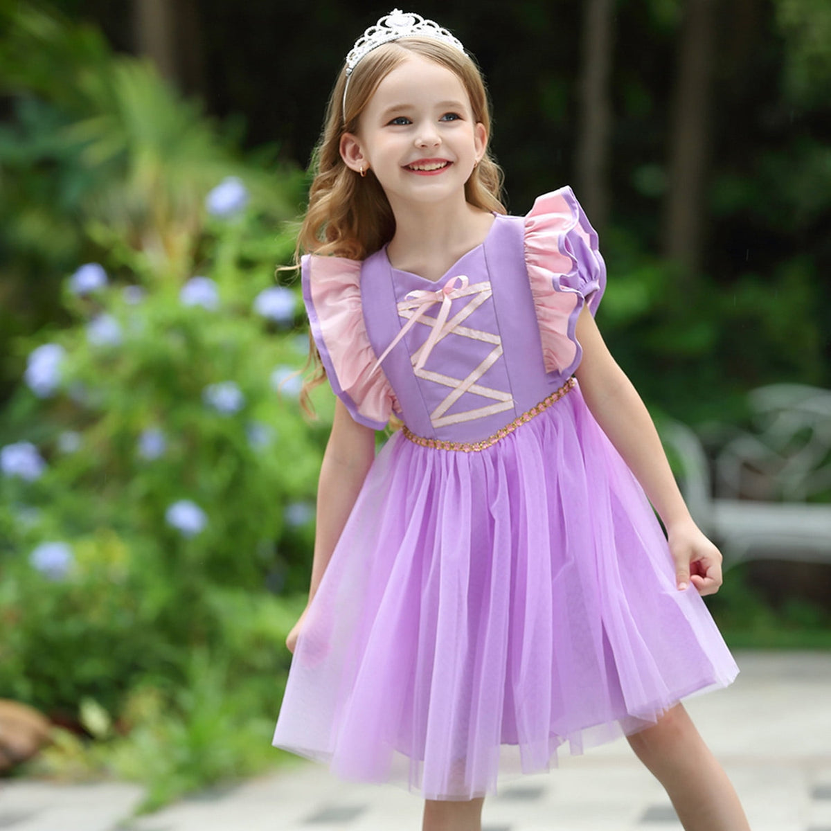 LOEL Little Girls Princess Fancy Dress Short Sleeve Purple Tulle Casual Dress Wedding Party Dresses 2-9Y