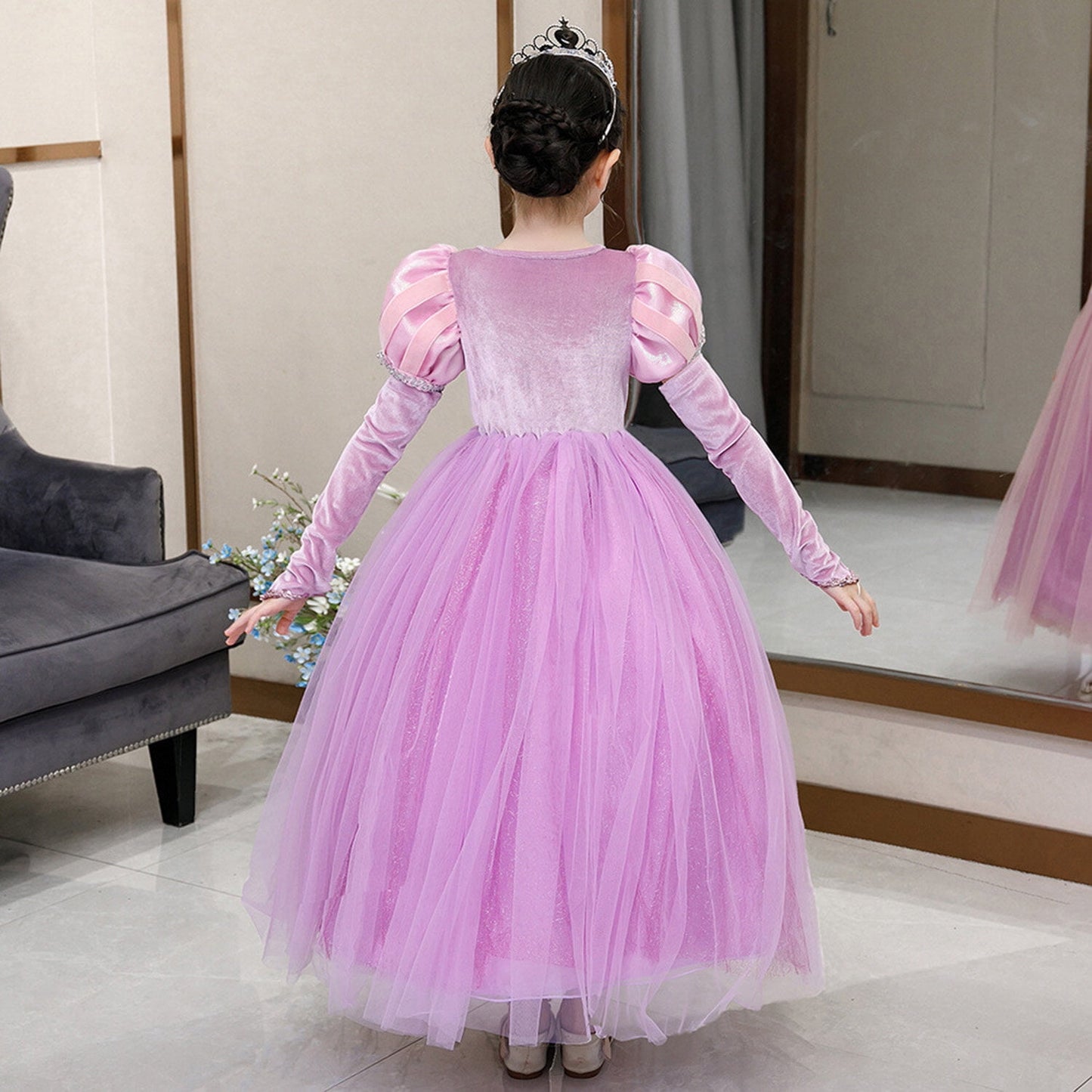 KAWELL Girls' Rapunzel Princess Sofia Costume Halloween Masquerade Ball Dress with Sleeves