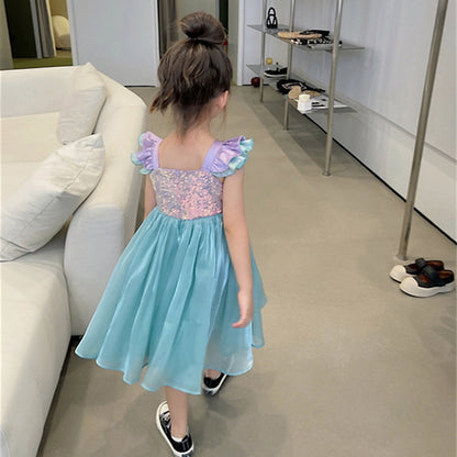 Phenas Little Girl Mermaid Sequins Princess Costume Flutter Sleeves Tank Top Party Dress