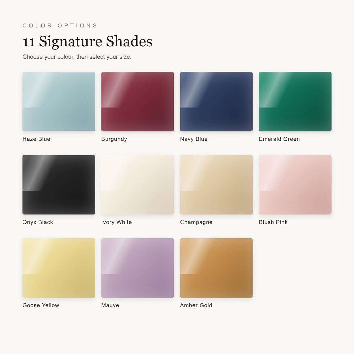 Colour options for the LOEL mulberry silk slip nightgown - 11 shades including haze blue, burgundy, emerald green and champagne
