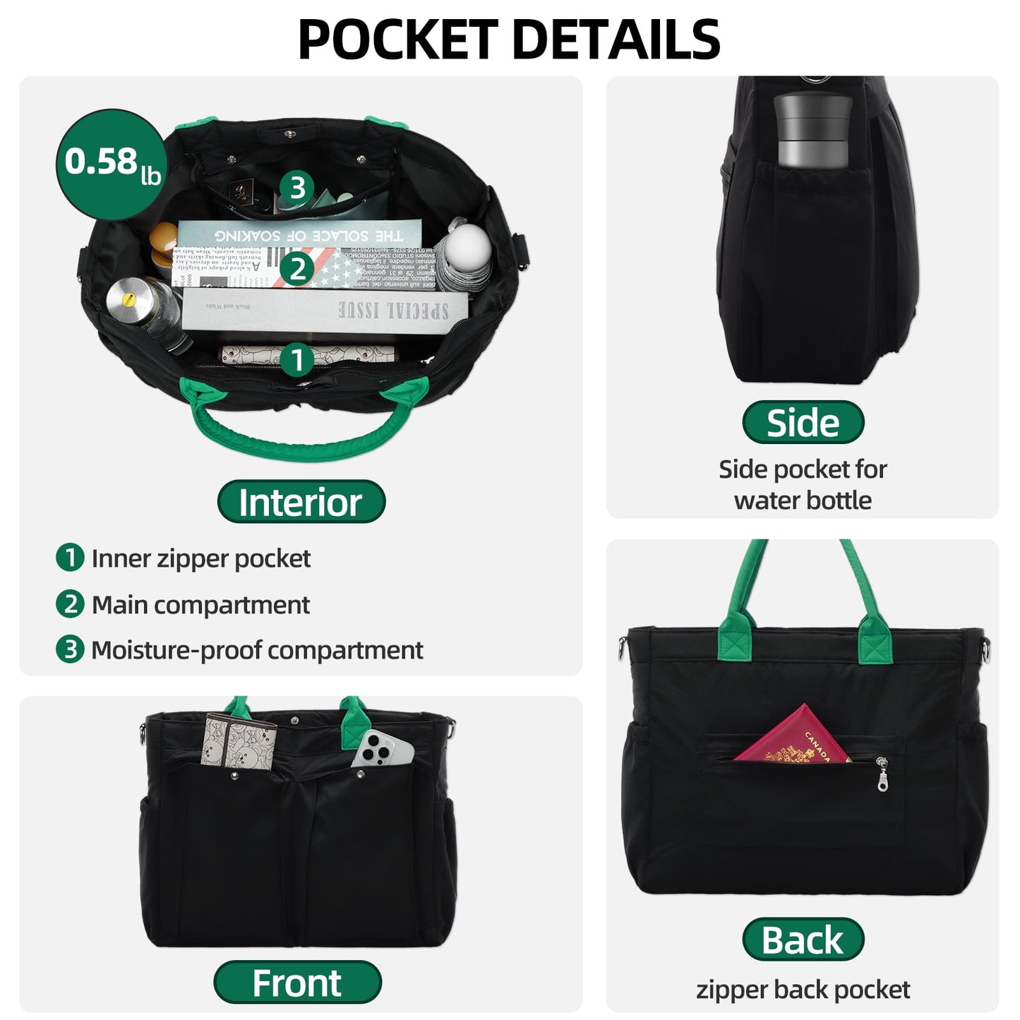 URSOFINE Tote Bag for Women, Lightweight Crossbody Tote Handbag with Dry Pocket, Nylon Shoulder Bag with Detachable Shoulder Strap for Work, Travel, Daily Use