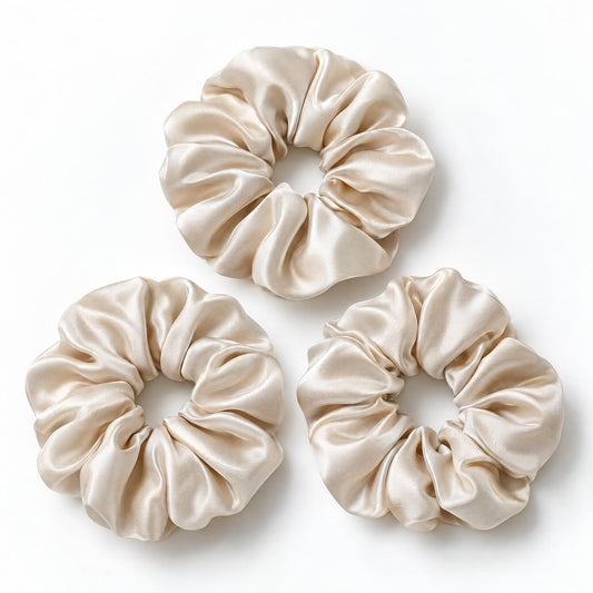 LOEL 25 momme mulberry silk scrunchies, large size, set of 3 in beige