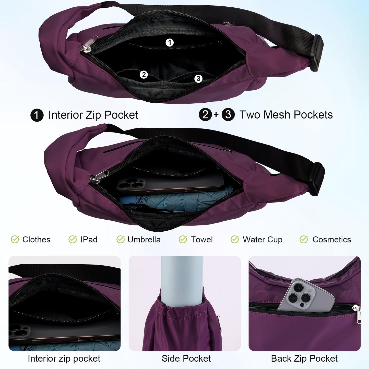 URSOFINE Women Crescent Crossbody Bag Lightweight Hobo Shoulder Bag, Multi Pocket Adjustable Strap Sling Bag, Bohemian Casual Handbag Purse for Daily Shopping Travel Gift,Purple