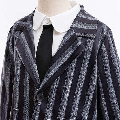 KAWELL Addams Costume for Girls, Academy Uniform Outfits Cosplay with Black Wig, Pleated Skirt Girl's Stripes Suits Sets for Halloween