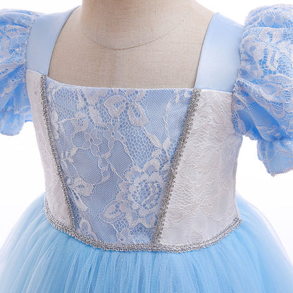 KAWELL Little Girls Princess Costume Lace Mosaic Mesh Blue Toddler Girls Dress
