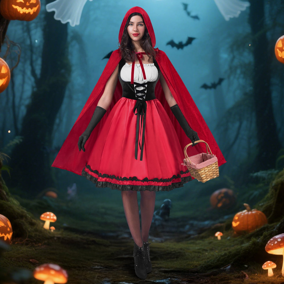 LOEL Women Little Red Riding Hooded Costume with Dress, Cape and Gloves, Adult Women Halloween Costume for Halloween Party Cosplay