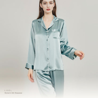 Model wearing the LOEL mulberry silk long sleeve pajama set in sage green