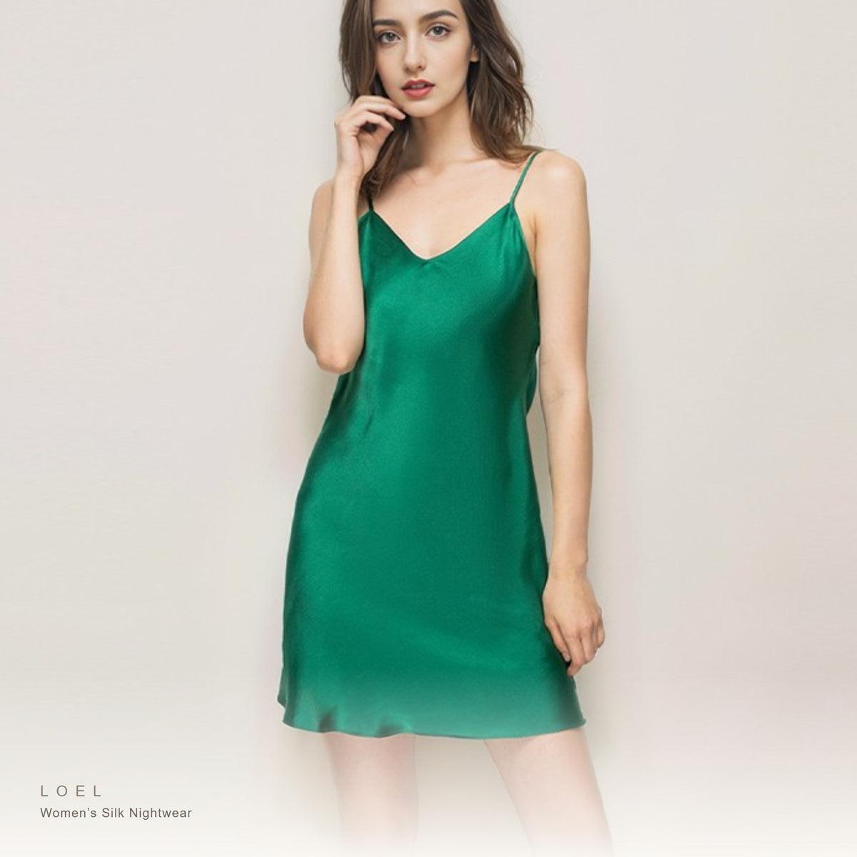 Model wearing the LOEL mulberry silk slip nightgown in emerald green