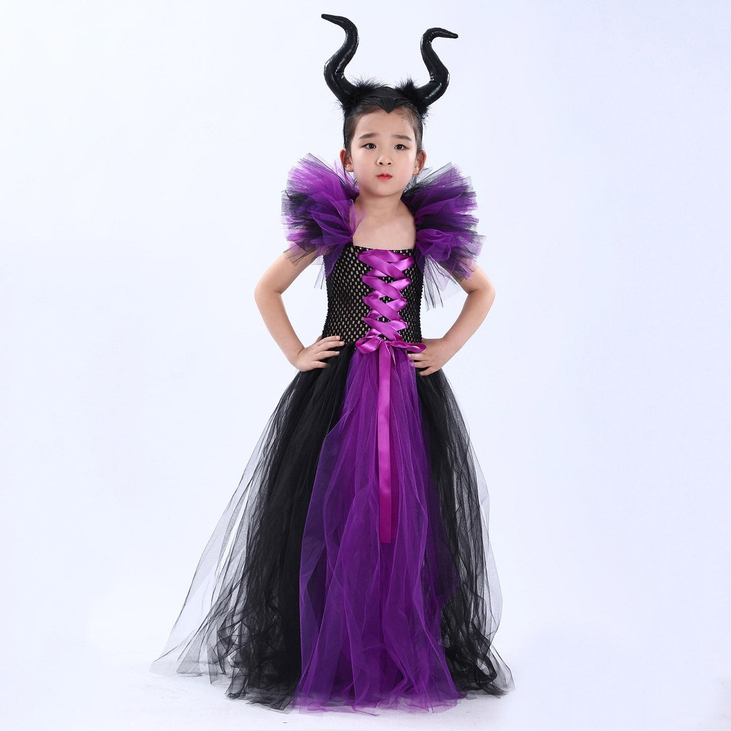 KAWELL Halloween Maleficent witch dress with headband set vampire witch costume 1-12 years old