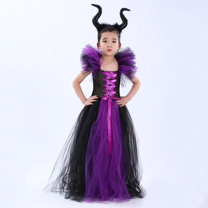 KAWELL Halloween Maleficent witch dress with headband set vampire witch costume 1-12 years old