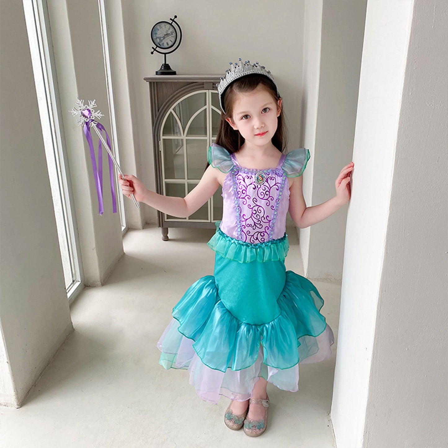 KAWELL Mermaid Costume Dress for Toddler Girls Cosplay Ariel Outfit Halloween Birthday Party Dress Up with Accessories