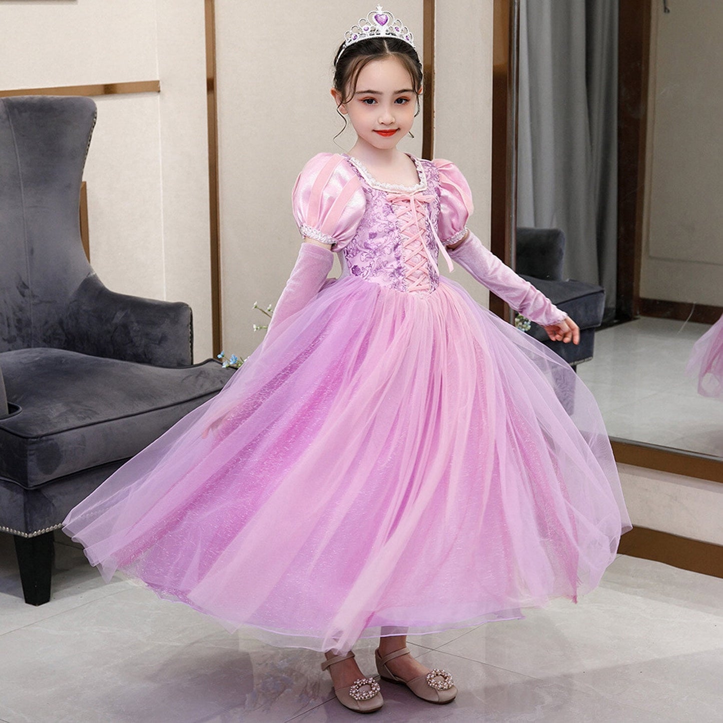 KAWELL Girls' Rapunzel Princess Sofia Costume Halloween Masquerade Ball Dress with Sleeves