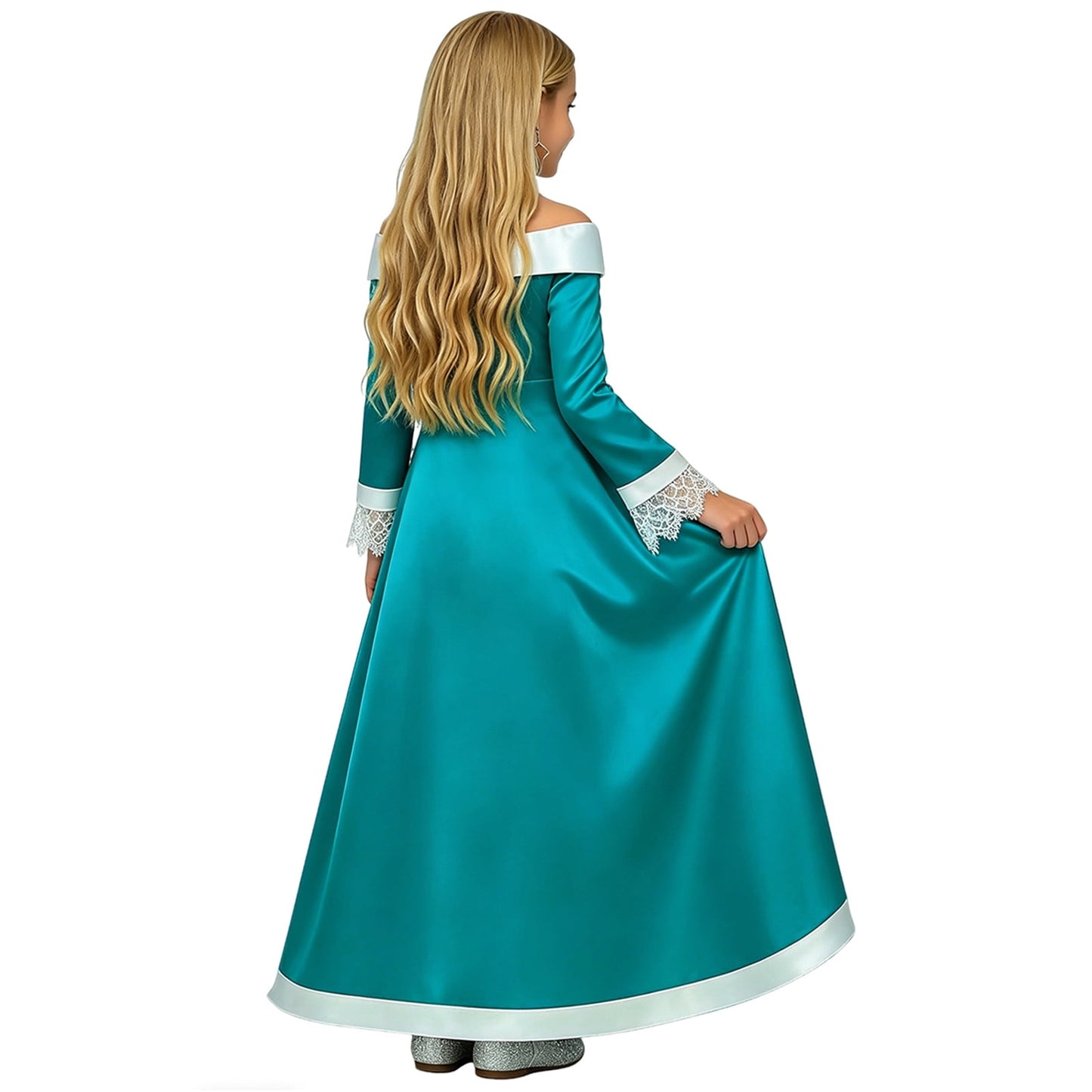URSOFINE Off-Shoulder Teal Star Princess Dress, Fantasy Satin Gown with Lace Cuffs, Crown Wand for Halloween Party Dress-Up