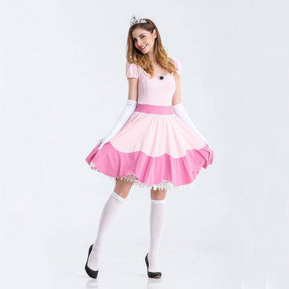HAWEE Women Princess Pink Costume Adult Fairy Outfit Halloween Carnival Cosplay Party Dress with Crown & Gloves