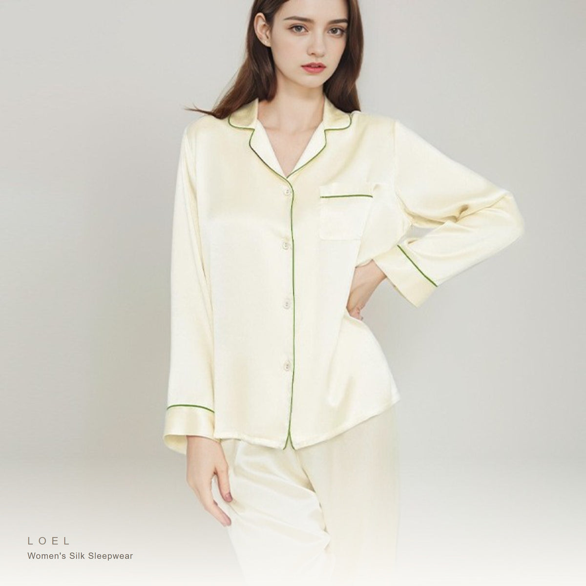 Model wearing the LOEL mulberry silk long sleeve pajama set in wine red