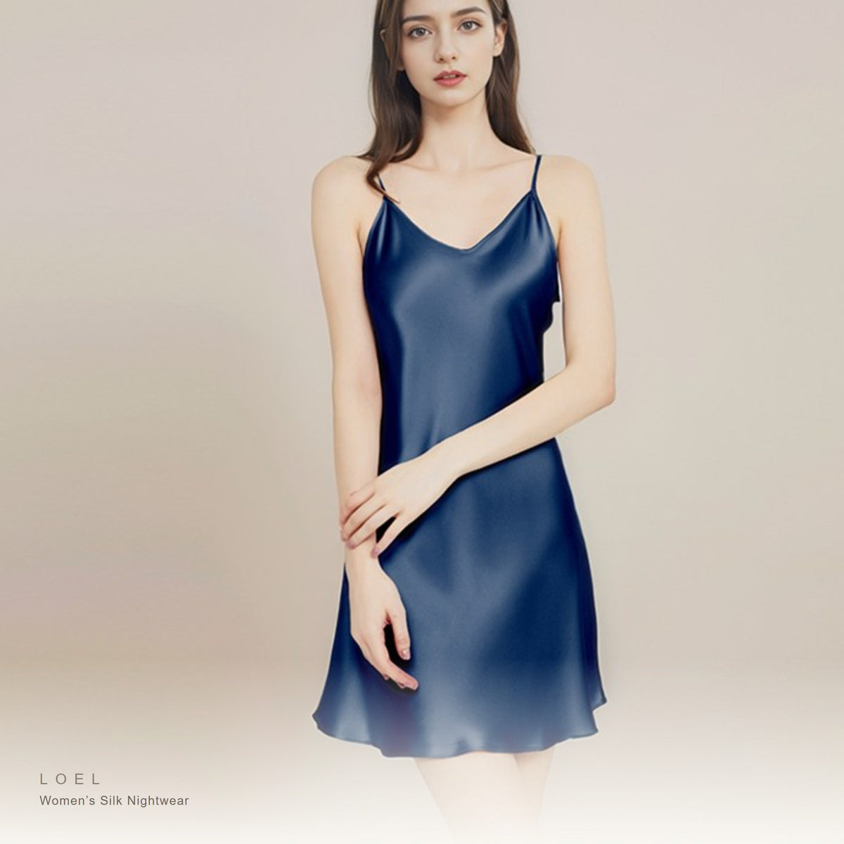 Model wearing the LOEL mulberry silk slip nightgown in navy blue