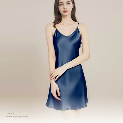 Model wearing the LOEL mulberry silk slip nightgown in navy blue