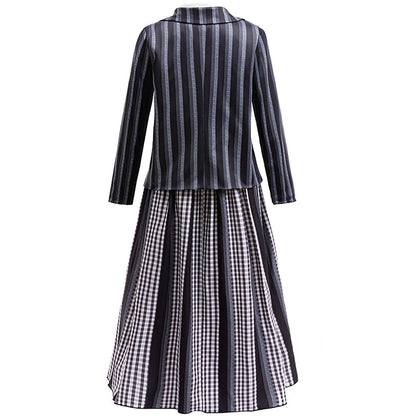 KAWELL Addams Costume for Girls, Academy Uniform Outfits Cosplay with Black Wig, Pleated Skirt Girl's Stripes Suits Sets for Halloween