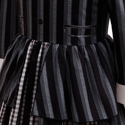 KAWELL Addams Costume for Girls, Academy Uniform Outfits Cosplay with Black Wig, Pleated Skirt Girl's Stripes Suits Sets for Halloween