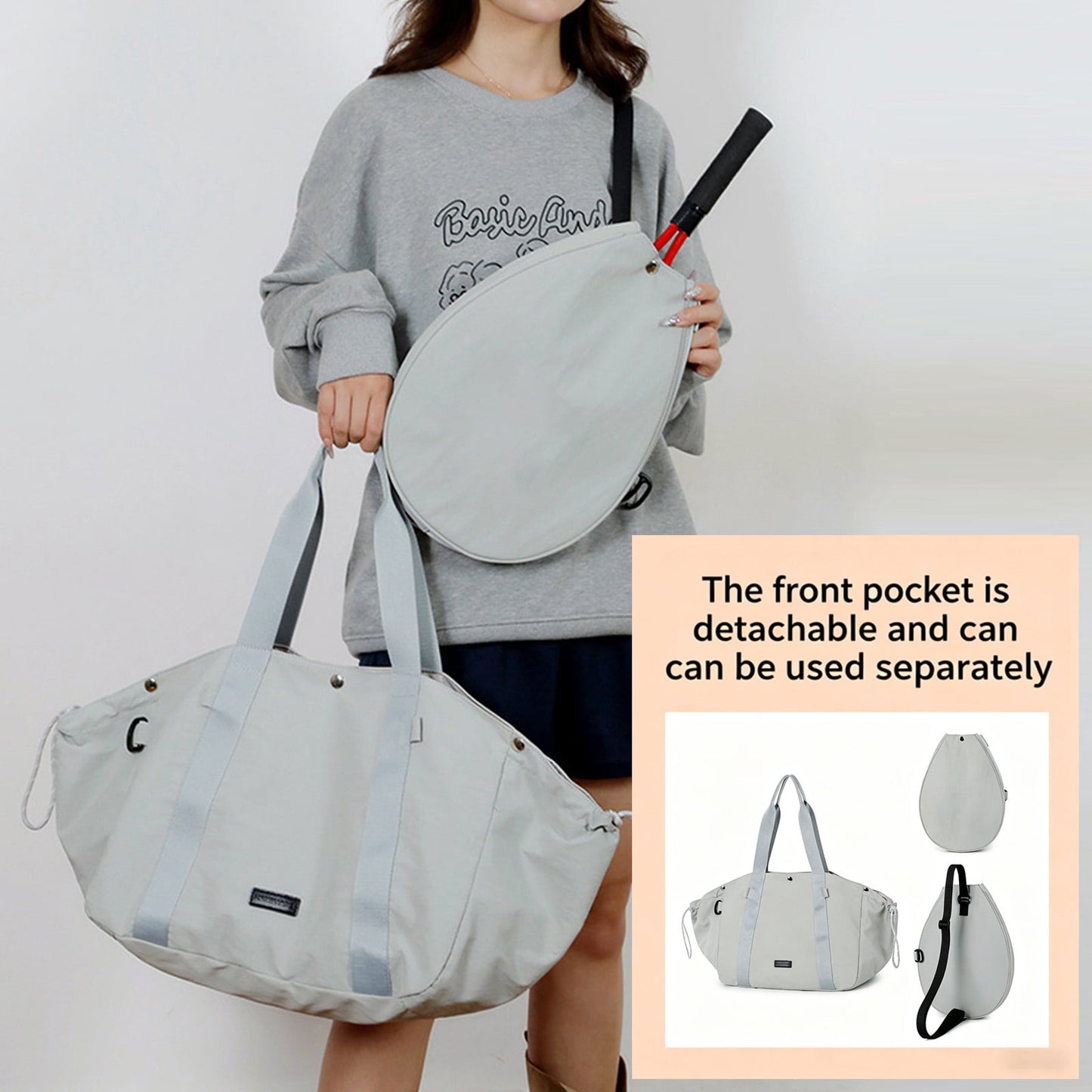 URSOFINE Detachable Tennis Racket Sports Duffel Bag, Water Resistant Lightweight Nylon Multi Compartment Gym Shoulder Handbag with Racket Hook for Tennis Training Travel Daily Use