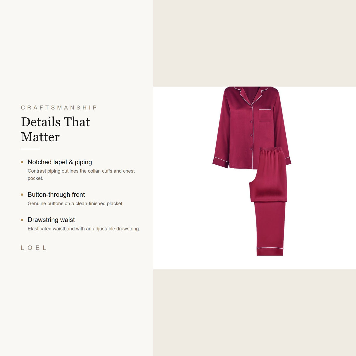 LOEL mulberry silk pajama set details - notch lapel, contrast piping, piped chest pocket and drawstring waist