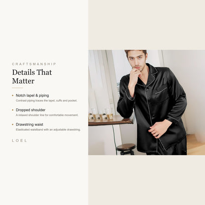 LOEL mens mulberry silk pajama set details - notch lapel, contrast piping, dropped shoulder and drawstring waist