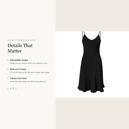 LOEL mulberry silk slip nightgown details - adjustable straps, bias cut V-neck and flared mini hem