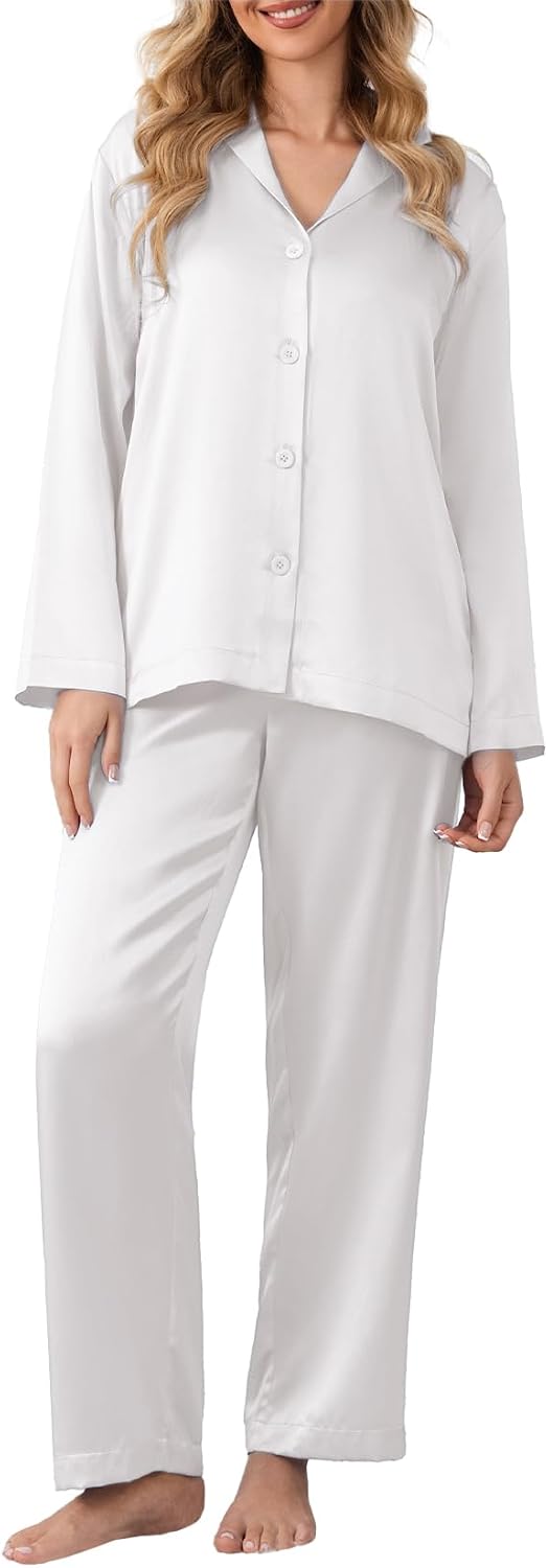 LOEL 100% 22 Momme Mulberry Silk Pajama Set Long Sleeve Top & Long Pants