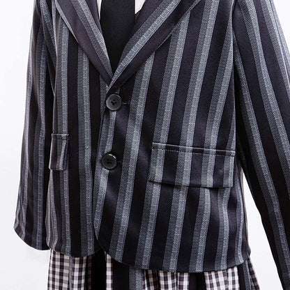 KAWELL Addams Costume for Girls, Academy Uniform Outfits Cosplay with Black Wig, Pleated Skirt Girl's Stripes Suits Sets for Halloween